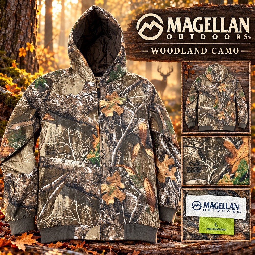Magellan Outdoors Men Woodland Camo Realtree Edge Full Zip Hooded Jacket Large